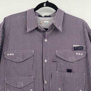 Columbia PFG Button Down Polo Shirt Short Sleeve Gigham Plaid Purple White Large